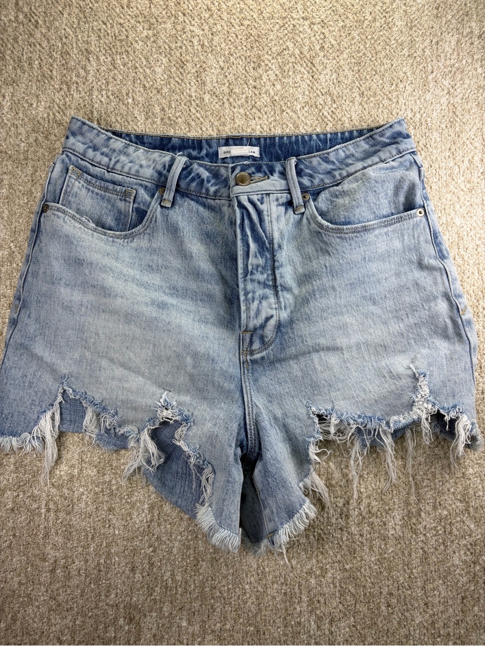 Good American Light Blue Distressed Denim Cutoff Shorts